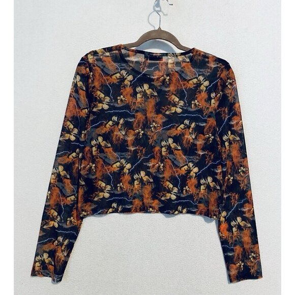 Asos Designs Top Womens 10 Flame Butterfly Print Mesh Cropped Long Sleeve Boho - Picture 4 of 7